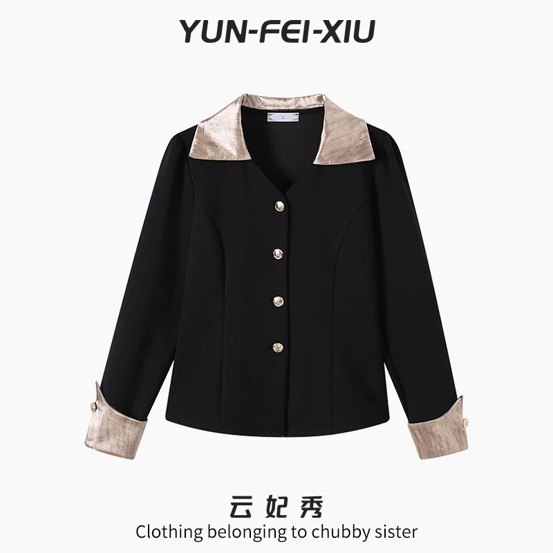 云妃秀大码女装衬衫时尚休闲宽松显瘦Polo领拼接百搭胖妹妹秋9766