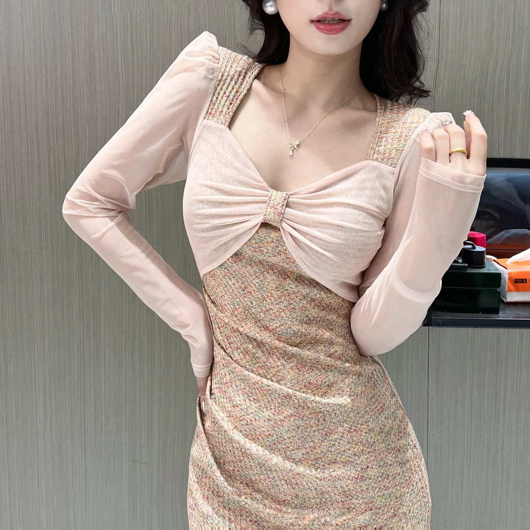 新款早秋气质拼接长袖连衣裙褶皱遮肉显瘦长款直筒裙优雅百搭长裙