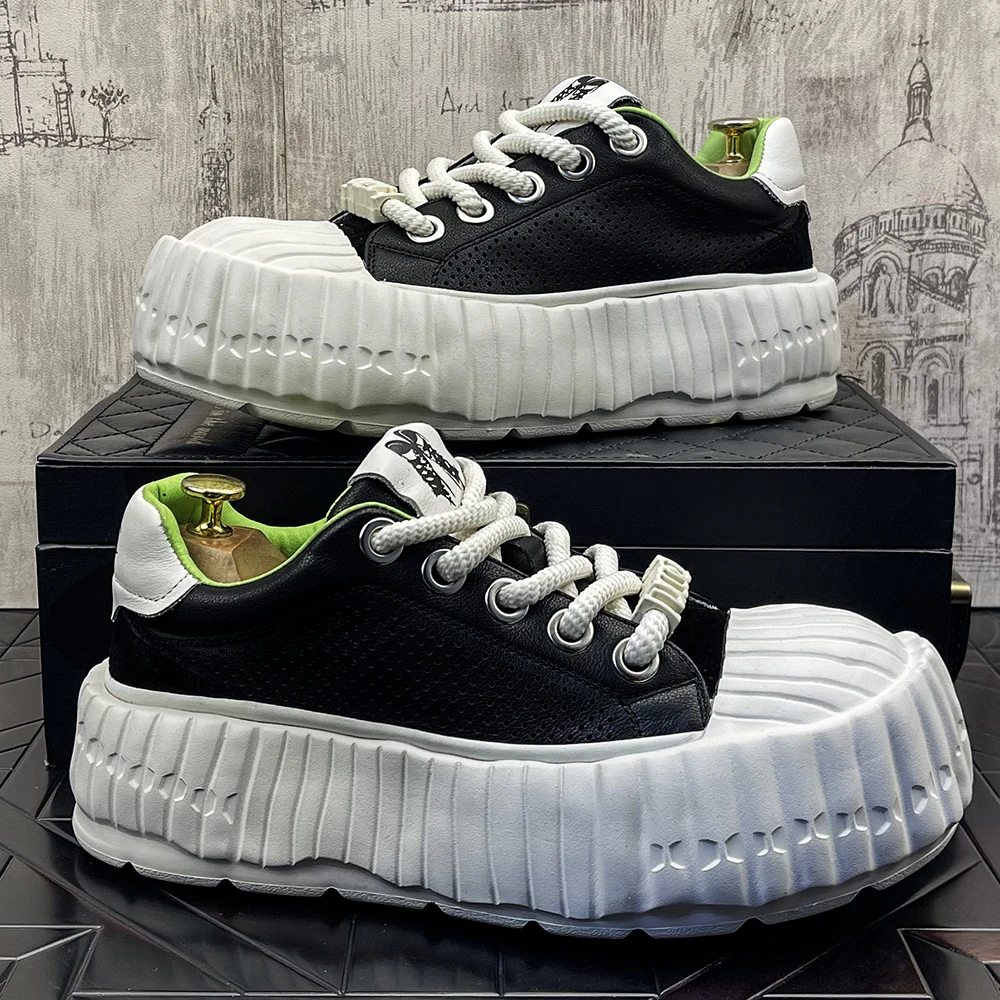 男头层牛皮厚底圆头板鞋大衣新款休闲鞋国潮增高打孔大头防滑鞋