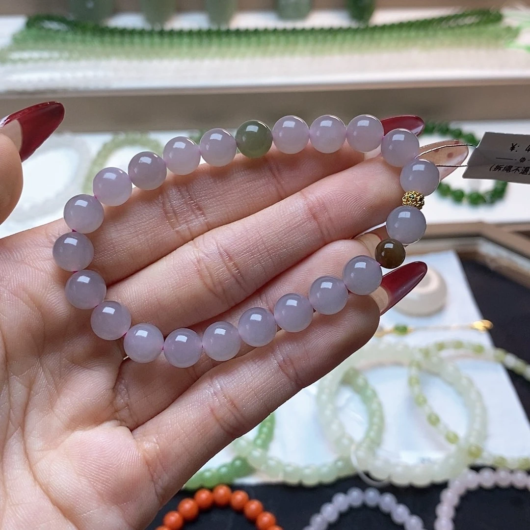 和田玉手链未镶嵌冰烟紫卡八