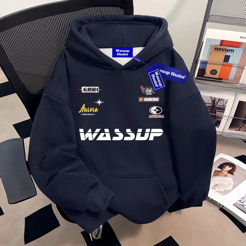 WASSUP HSUBE美式高街藏青色重磅连帽卫衣慵懒宽松套头上衣秋冬季