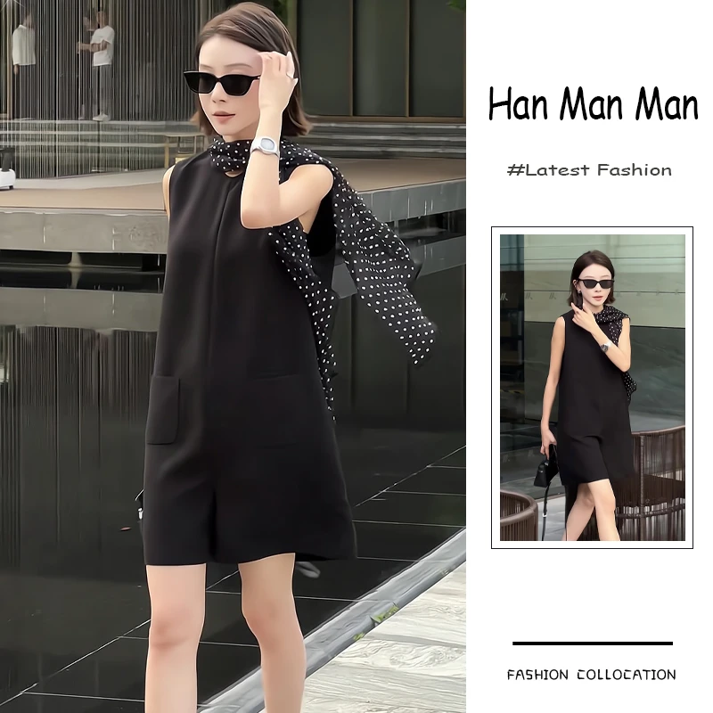 夏季流行穿搭一整套新款2025韩版御姐高级感无袖连衣裙丝巾两件套