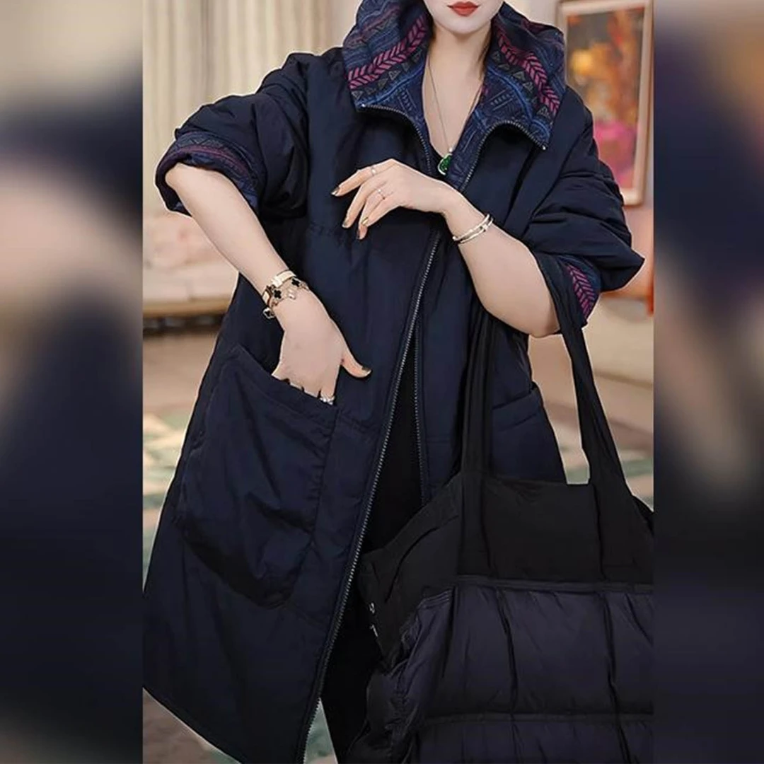 时尚轻奢气质复古连帽棉服女2025冬季新款加厚保暖中长款棉衣外套