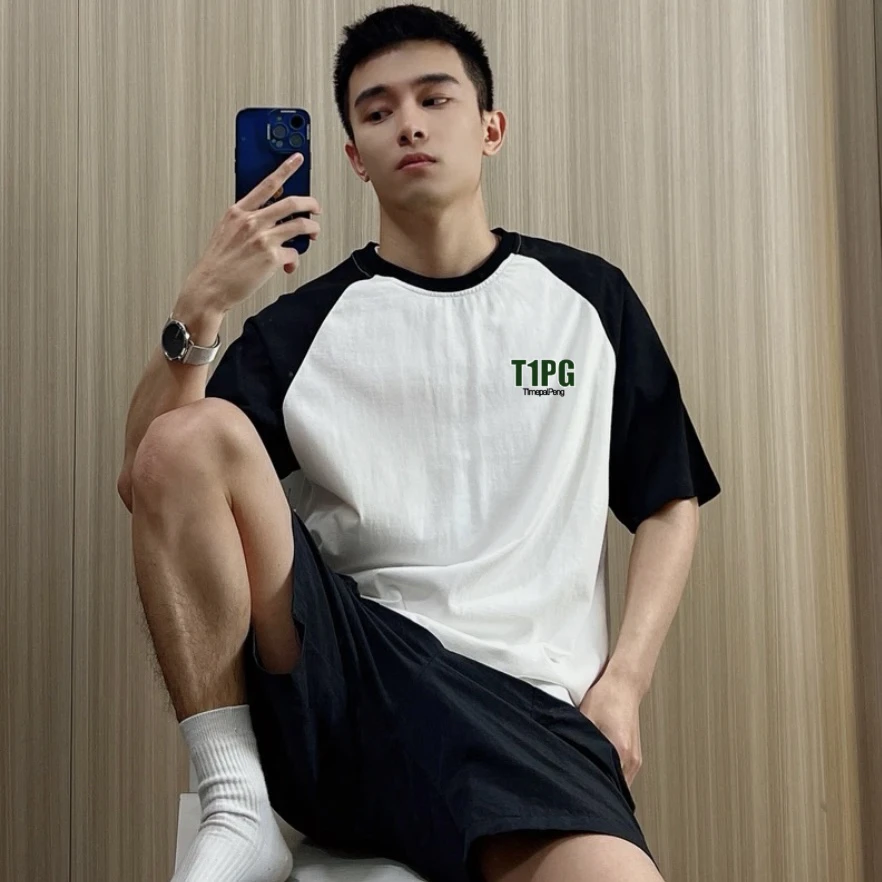 T1MEPALPENG撞色短袖棉五分百搭拼色男生情侣休闲夏季T恤圆领宽松