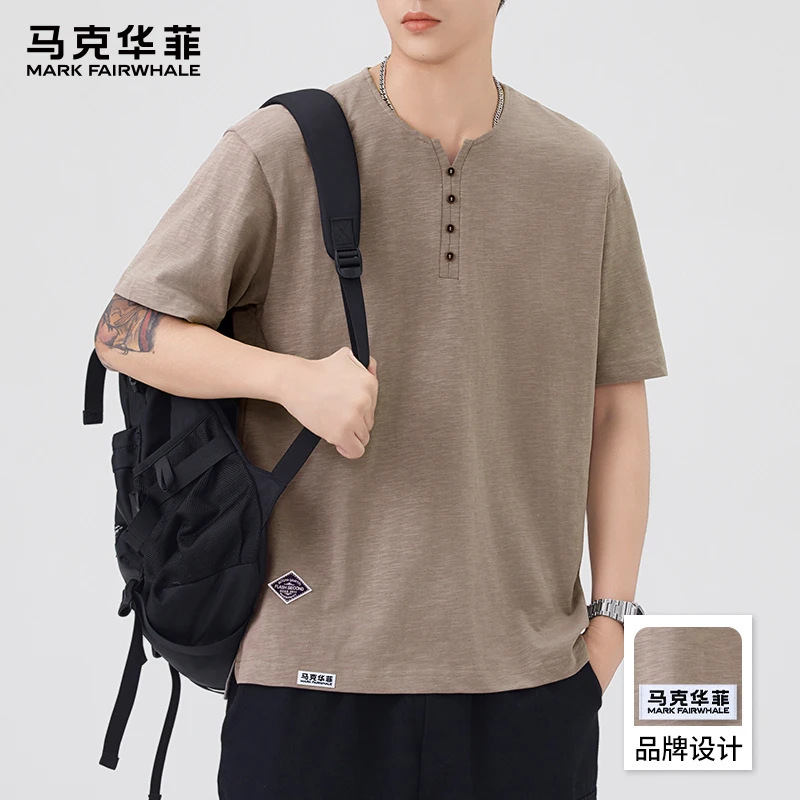 马克华菲潮流复古亨利领短袖T恤男2025夏季新款宽松休闲透气体恤