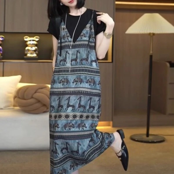 【鹿象成群】复古宽松显瘦气质连衣裙女2025新款夏季中长款A字裙子