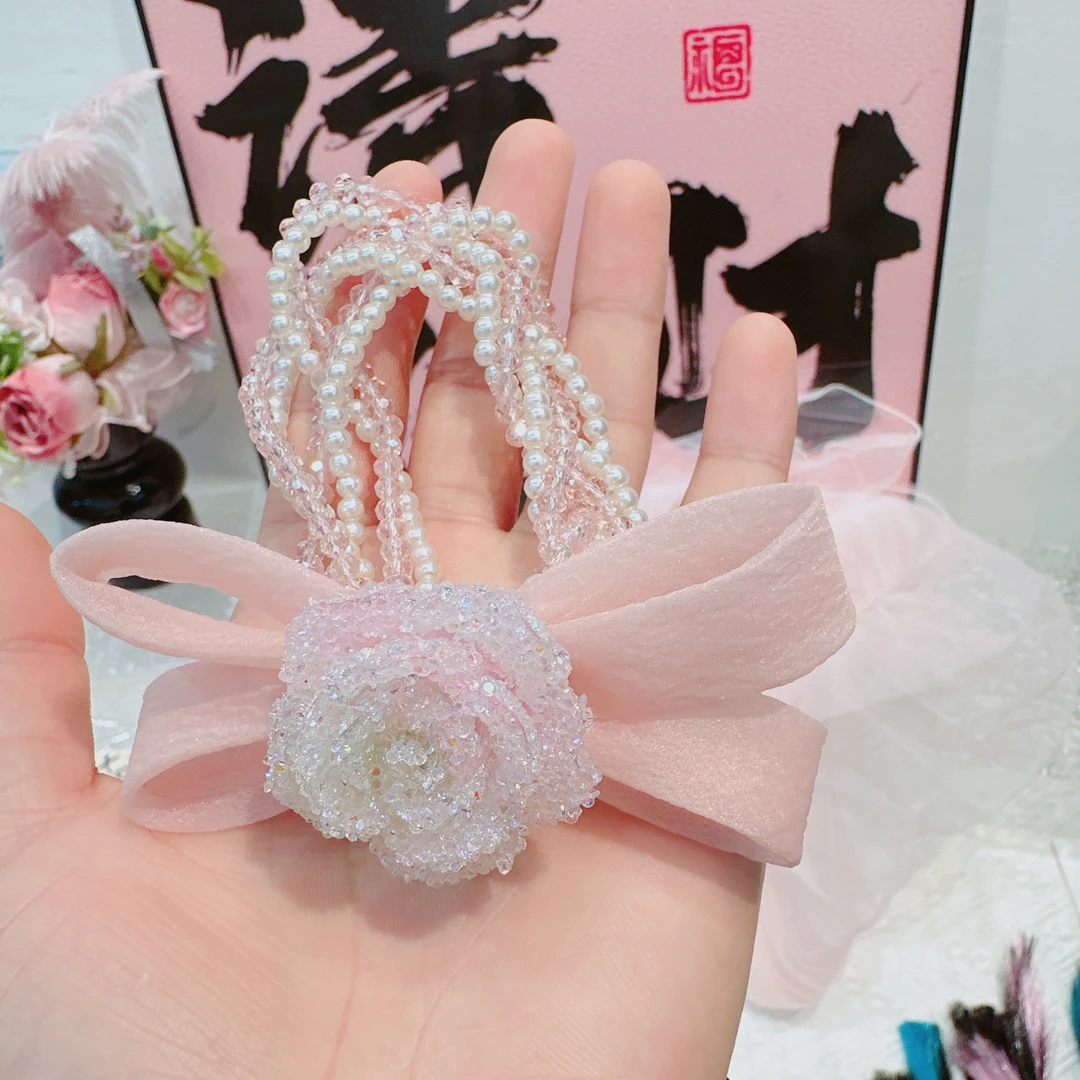 c0850-Z粉色水晶砂糖玫瑰发圈（单只）【满15包邮发货】