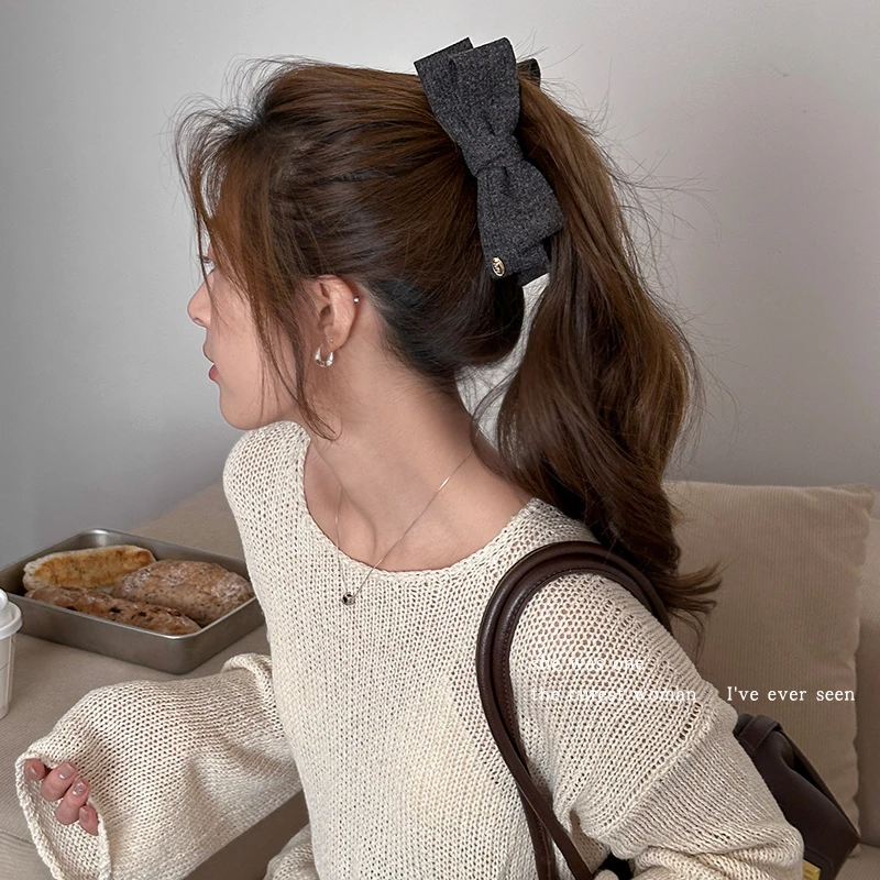 秋冬毛呢蝴蝶结香蕉夹女后脑勺高马尾发夹抓夹气质鲨鱼夹头饰发卡