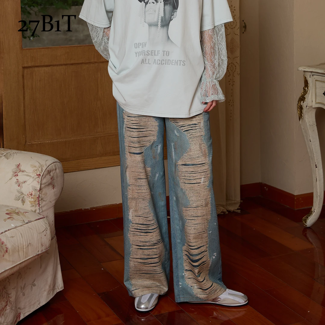 27B1T 牛仔色重工做旧古银双圈工字钮装饰3D印花长裤女BUWWR1K152