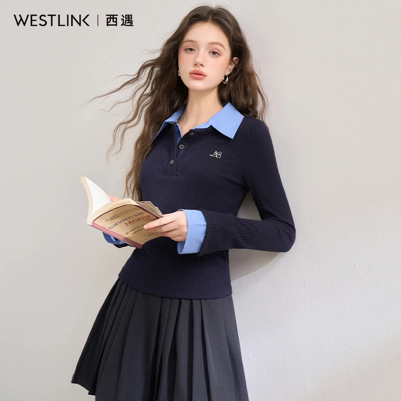 0087西遇POLO领假两件女2025春季拼色设计感修身上衣
