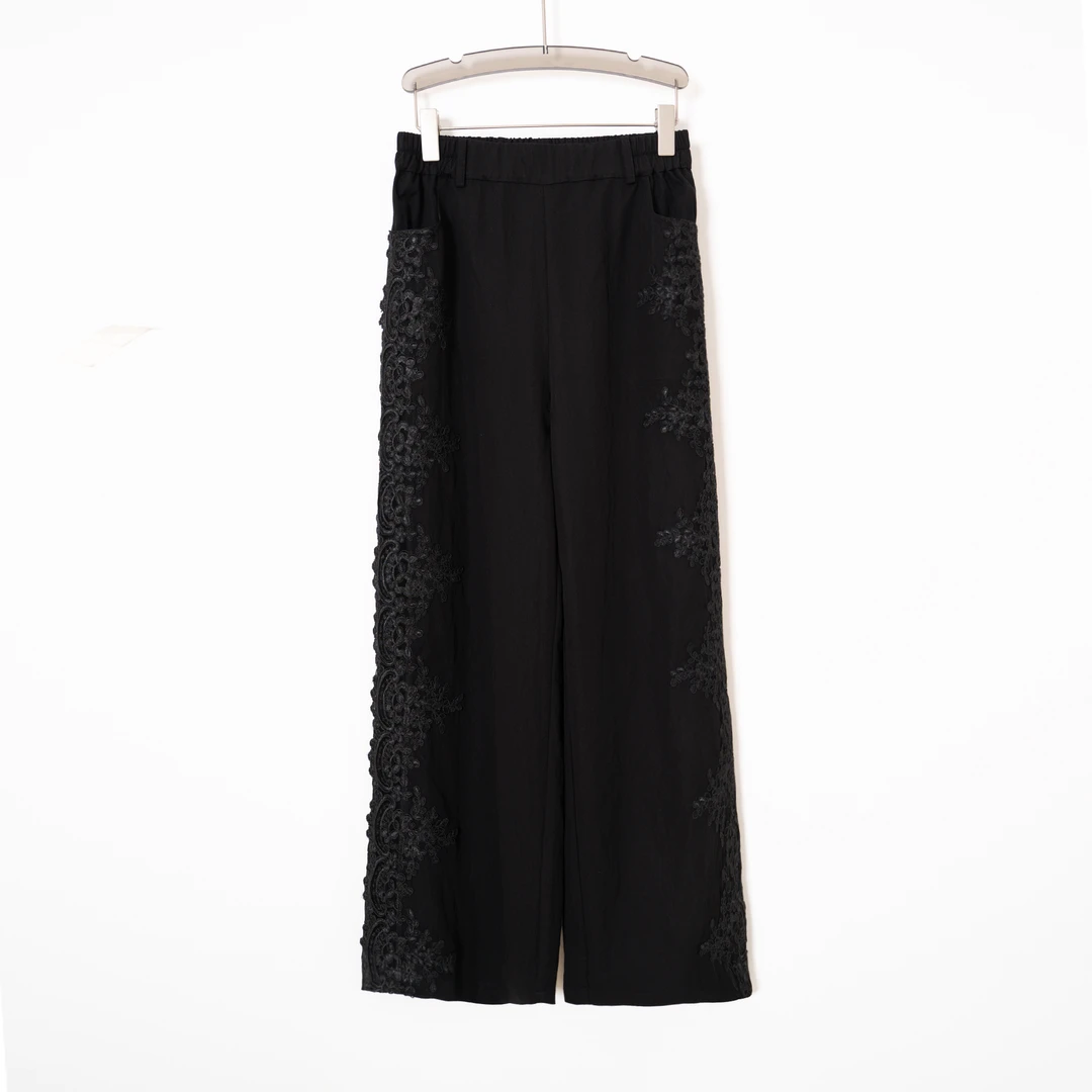 PK250463新款气质裤子松紧腰直筒裤重工刺绣蕾丝拼接百搭时尚