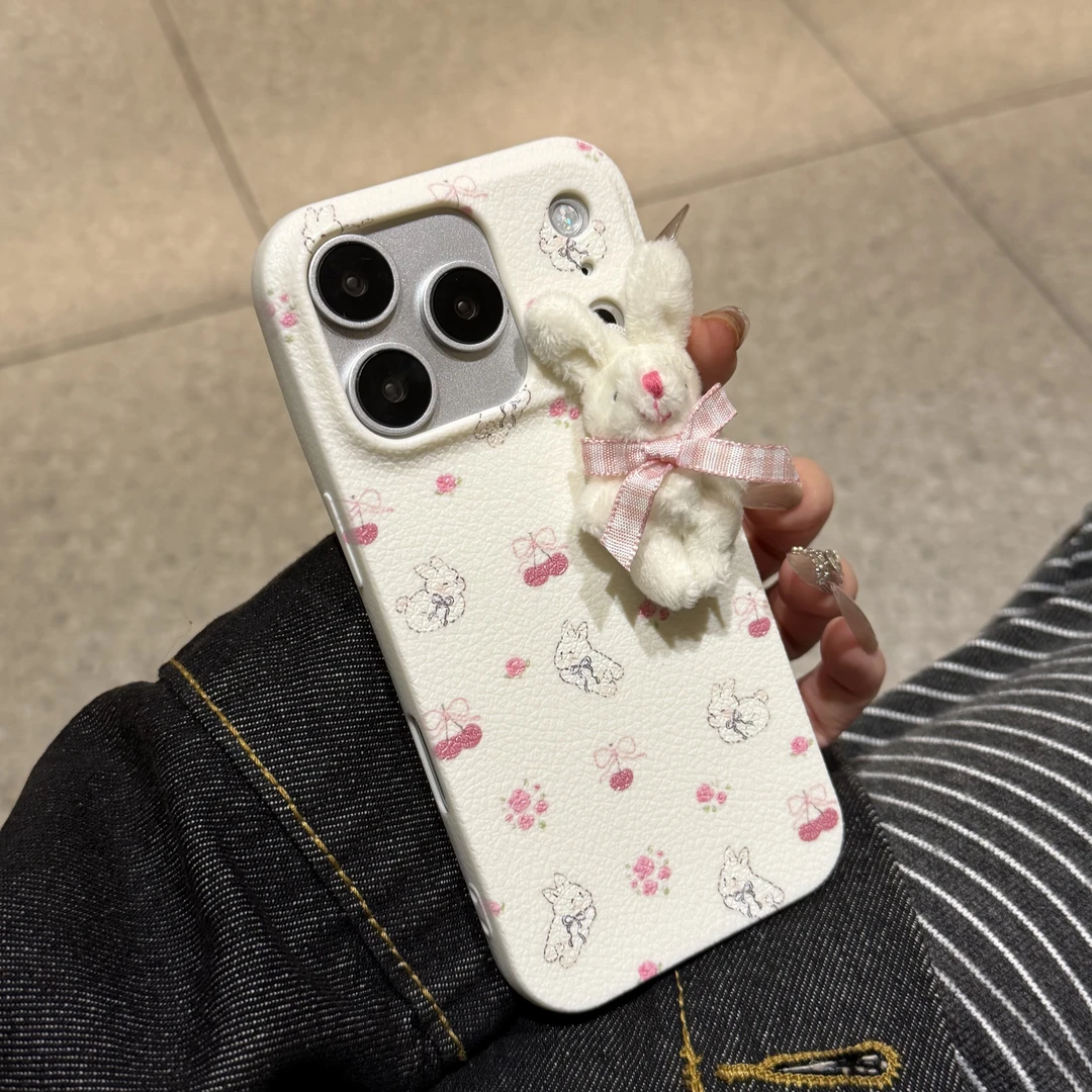 韩系冬日樱桃毛绒兔仿皮纹适用苹果iPhone17pro/16手机壳防摔15