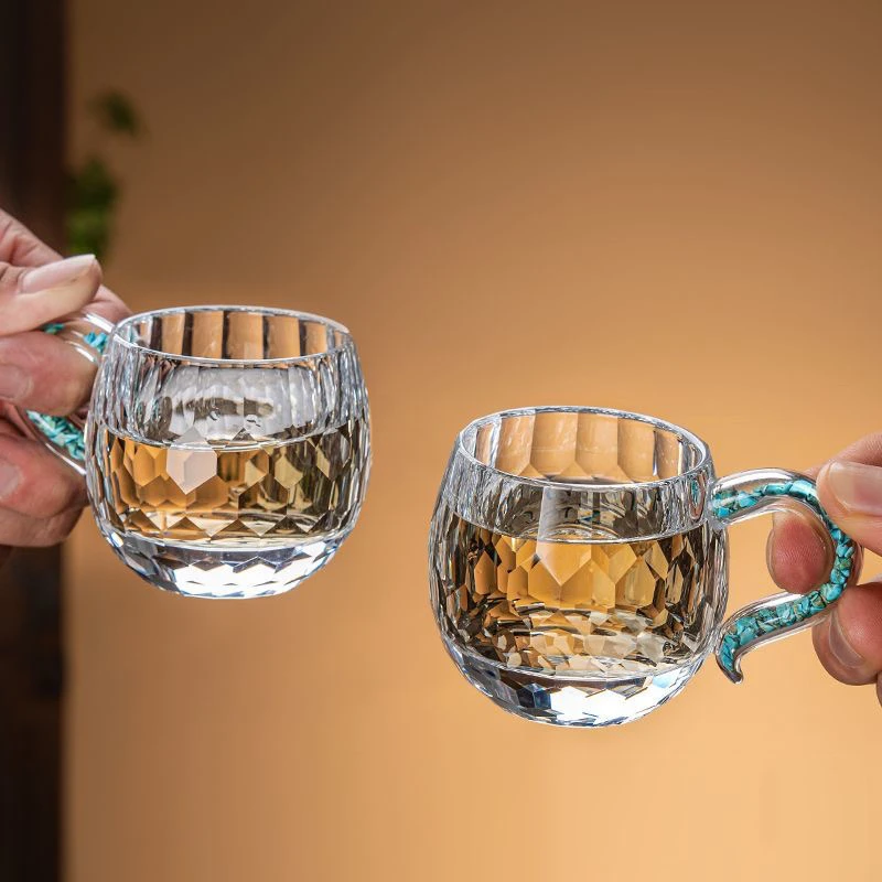 当代 绿松石水晶玻璃茶杯高档家用主人杯特色把手