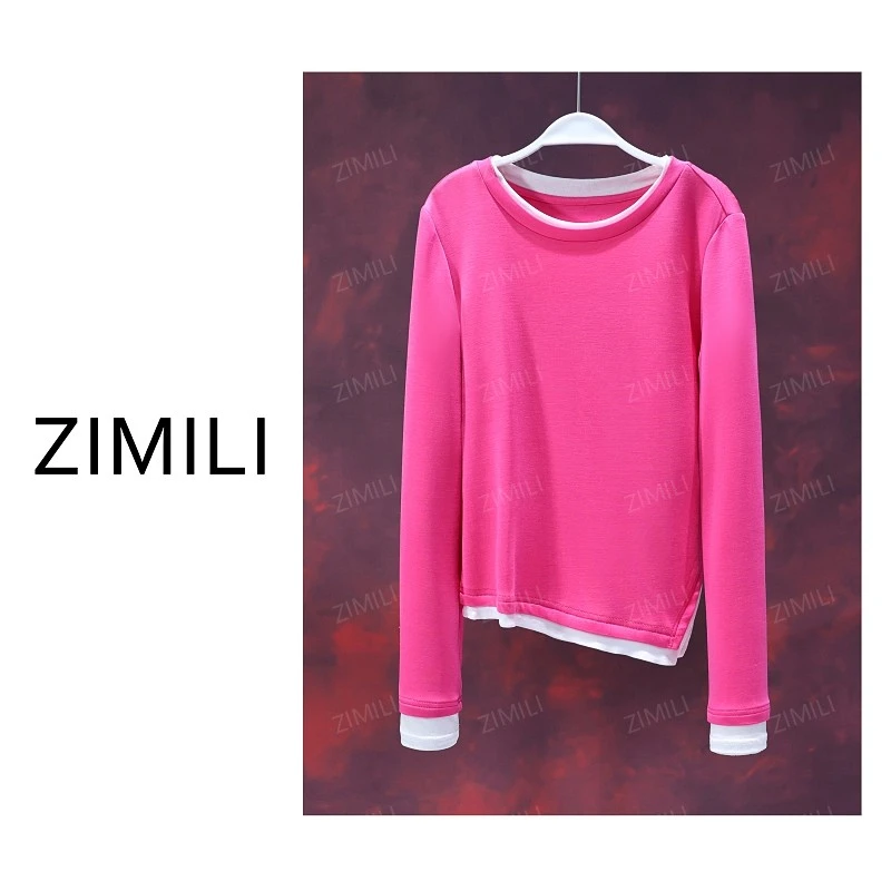 【亮哥女装】2025秋冬新品《 焕颜》洋粉色撞色拼接修身打底衫5021-A9