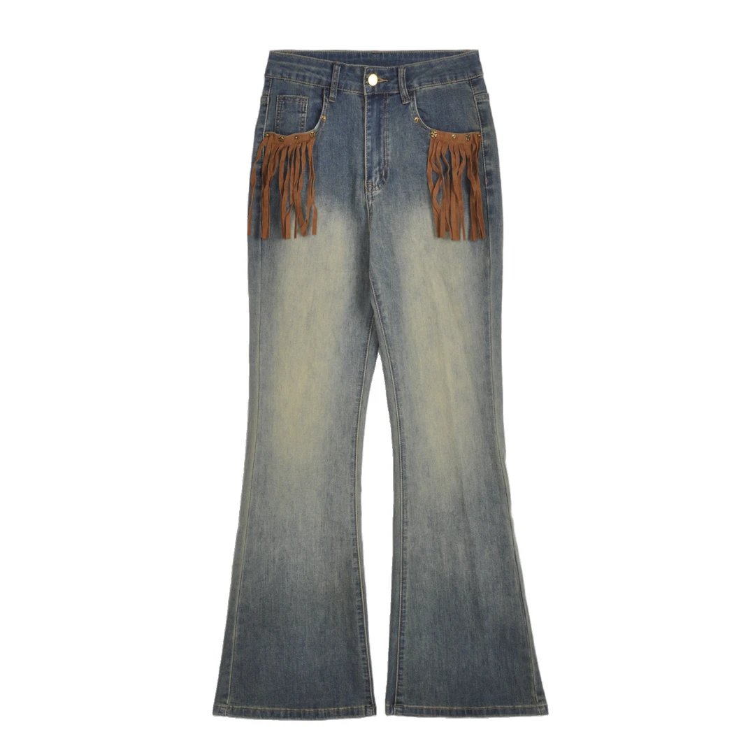 流苏黄泥染微喇叭牛仔裤女2025年新款高腰显瘦春秋高档马蹄长裤子