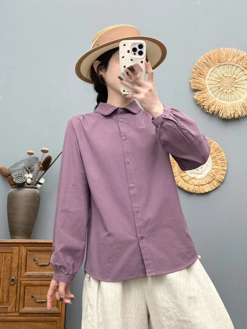 纯色春秋花边领衬衫女长袖上衣时尚休闲打底百搭彩色娃娃领衬衣