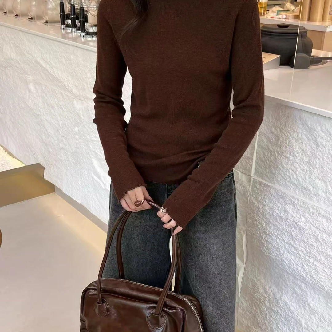 8887秋冬高弹力袖标打底衫美丽诺针织衫套头毛衣