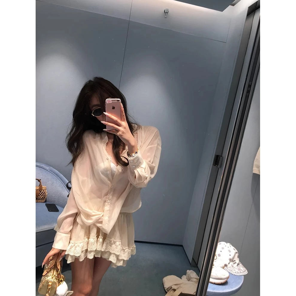 微醺流光珠光雪纺飘逸不规则衬衫不规则蕾丝半裙套装夏季套装时尚