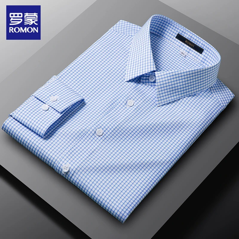 罗蒙男士男装蓝色细格子工装衬衫休闲商务长袖免烫新款修身男衬衣
