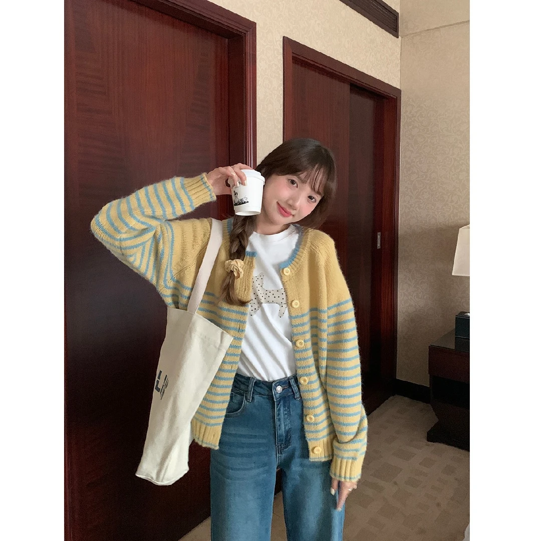 【夏春春】复古简约撞色条纹毛衣开衫外套秋季新款韩系通勤百搭休