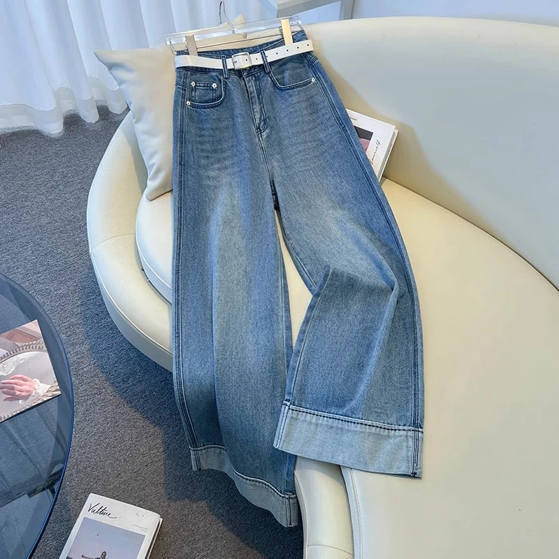 翻边阔腿牛仔裤女春秋季2025新款高腰九分裤小个子宽松显瘦直筒裤