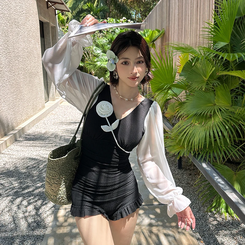 《碧涛云晞》大码胖mm遮肚显瘦长袖连体裙泳衣泡温泉小黑裙收腰修身