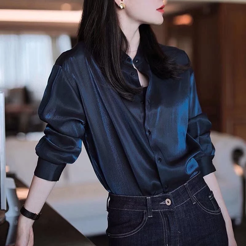 春季新款轻奢藏青色小立领长袖衬衫女设计感小众气质衬衣打底上衣