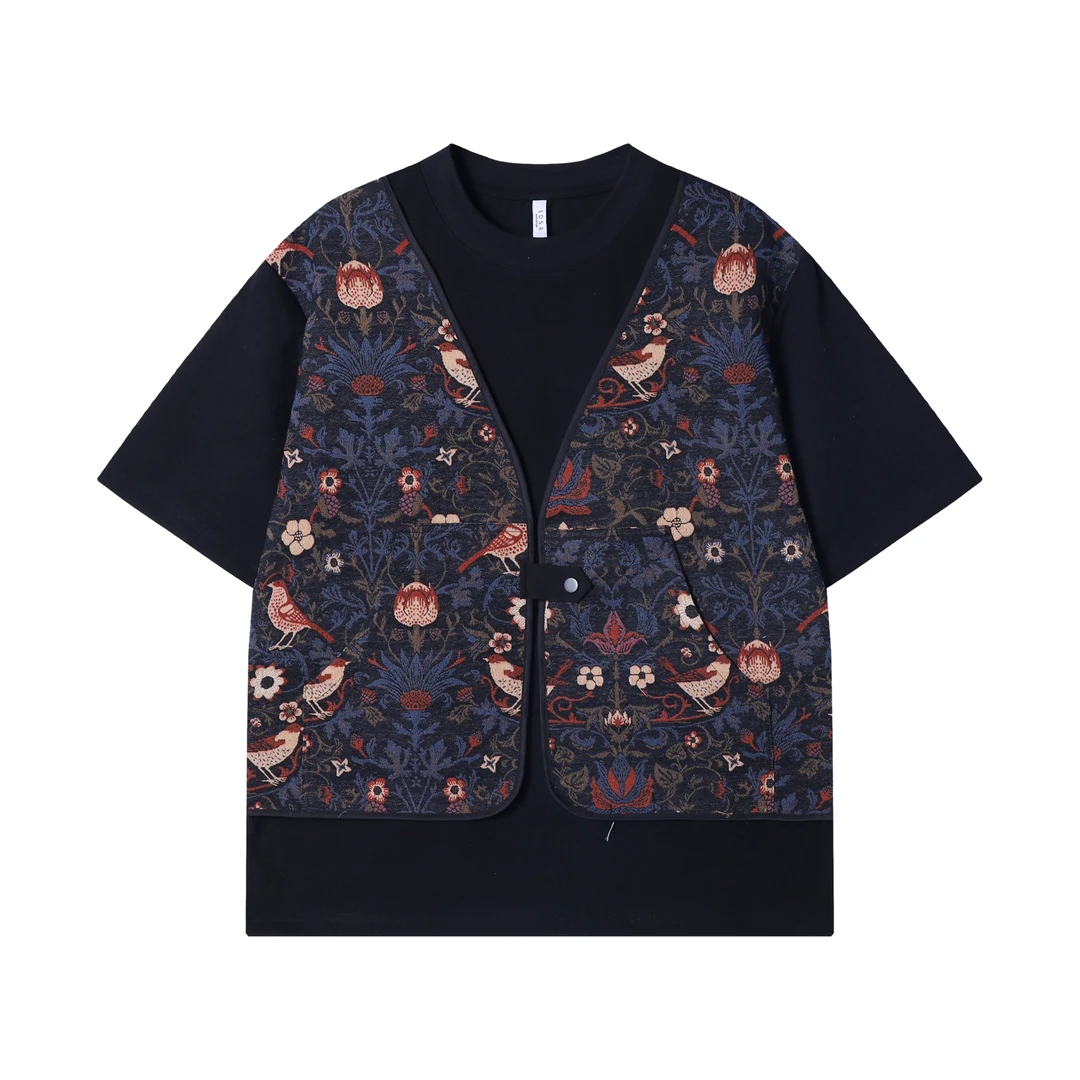 T2843高级感新款复古新中式假两件马甲设计国风轻奢百搭休闲上衣