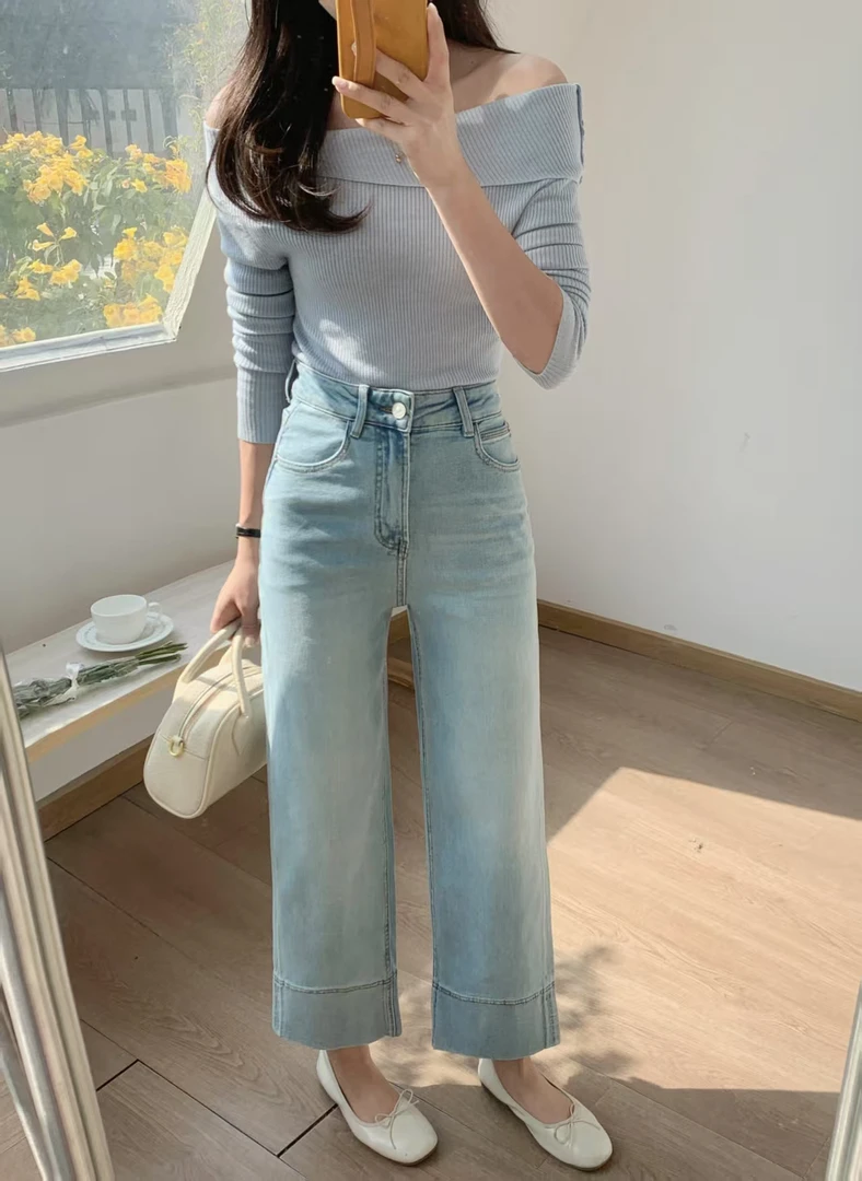 AG春款9分牛仔裤蓝色显瘦直筒百搭弹力设计感