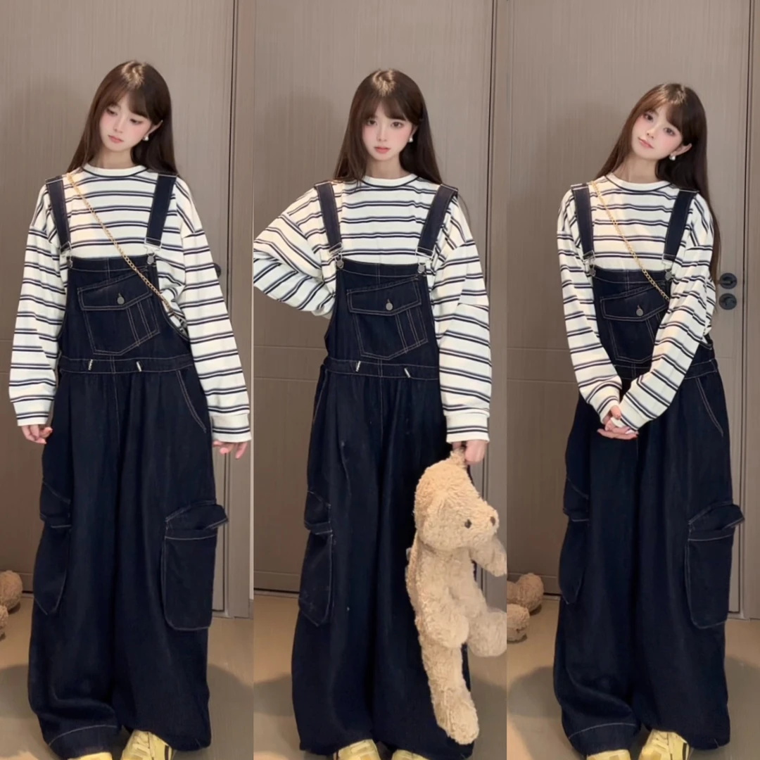 港风复古深蓝牛仔背带裤秋季新款韩版休闲百搭宽松阔腿拖地连体裤