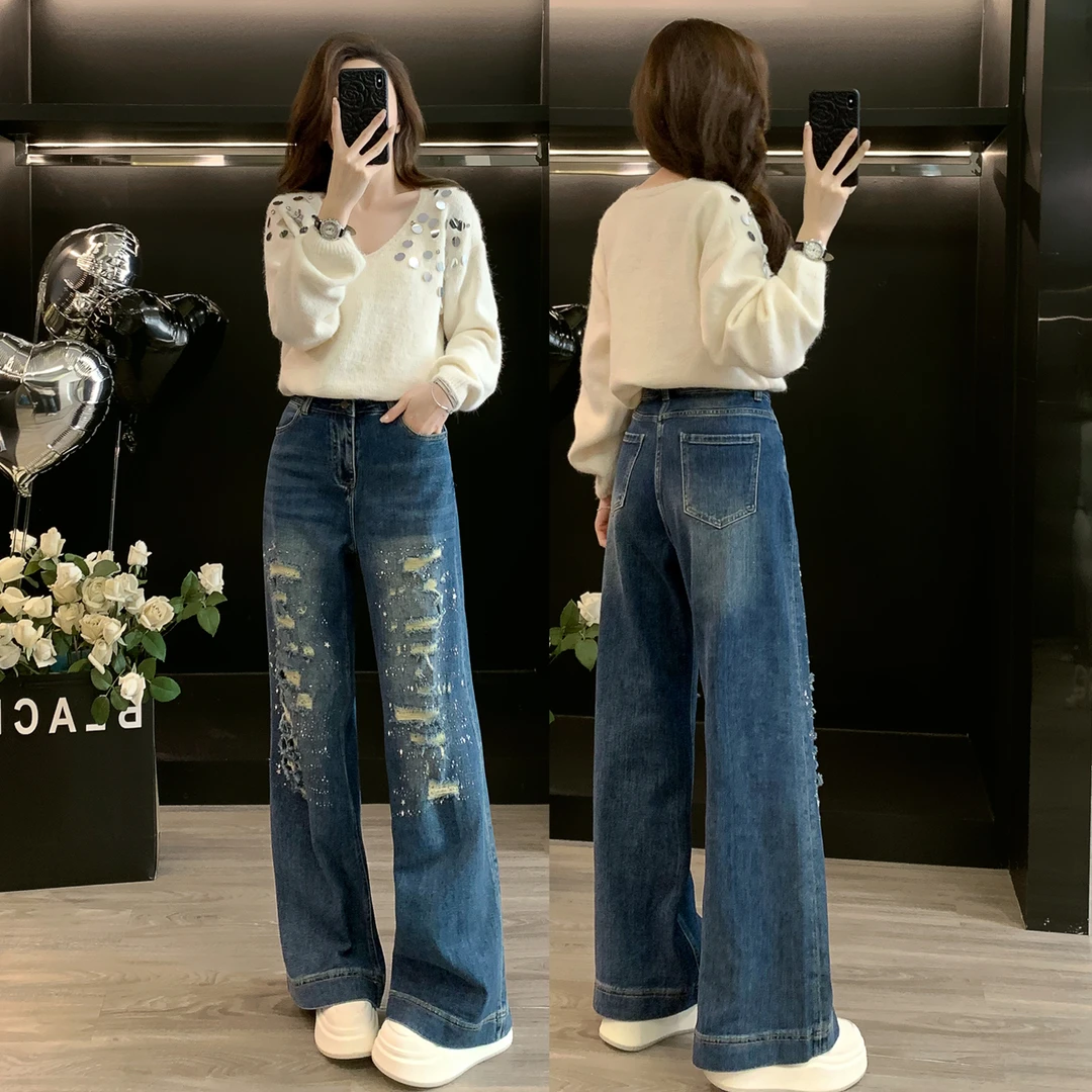 重工珠片慵懒风V领毛衣破洞牛仔裤两件套女秋冬装显瘦穿搭一整套