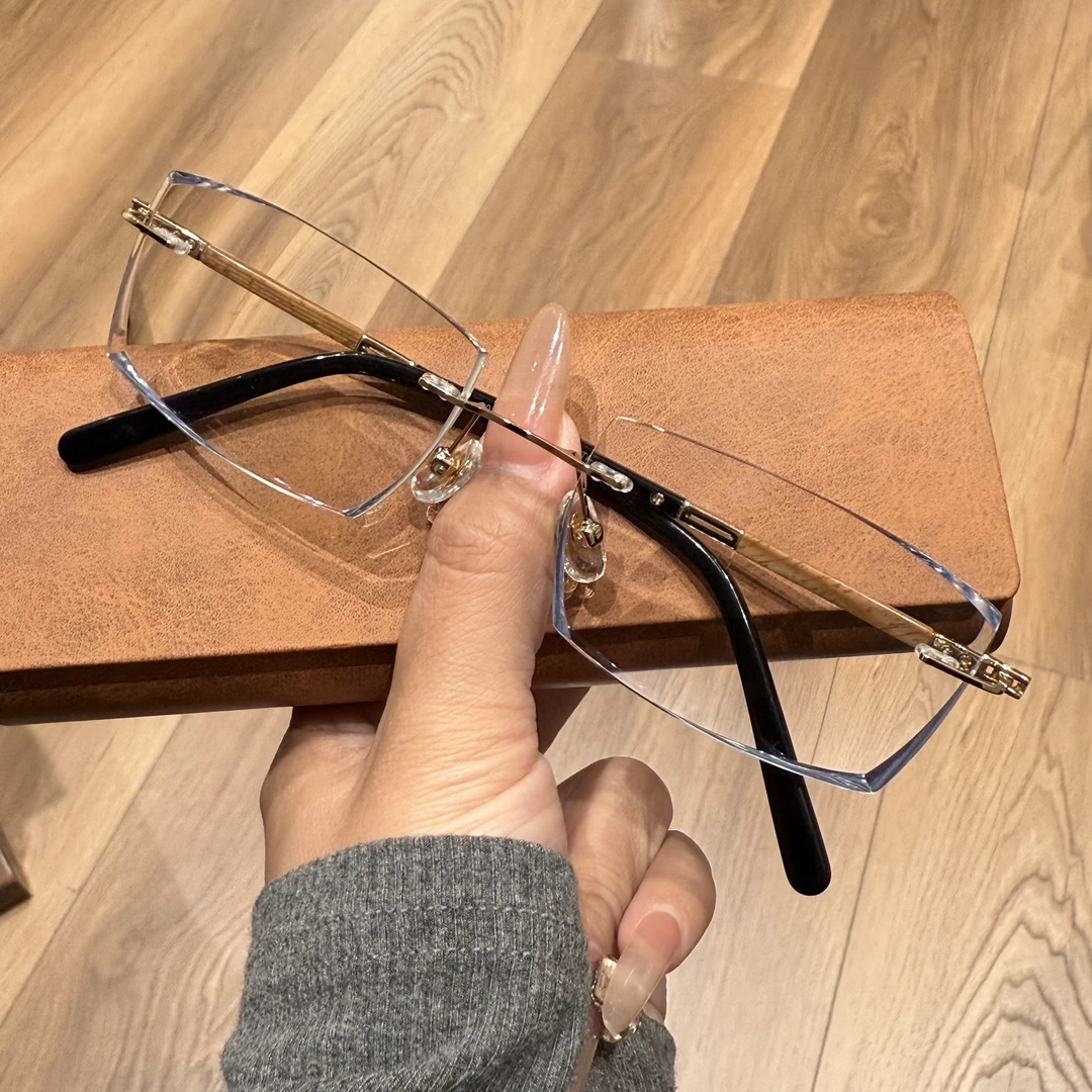 T156A经典商务轻奢仿木纯钛轻奢无框切边男款男士近视无框眼镜
