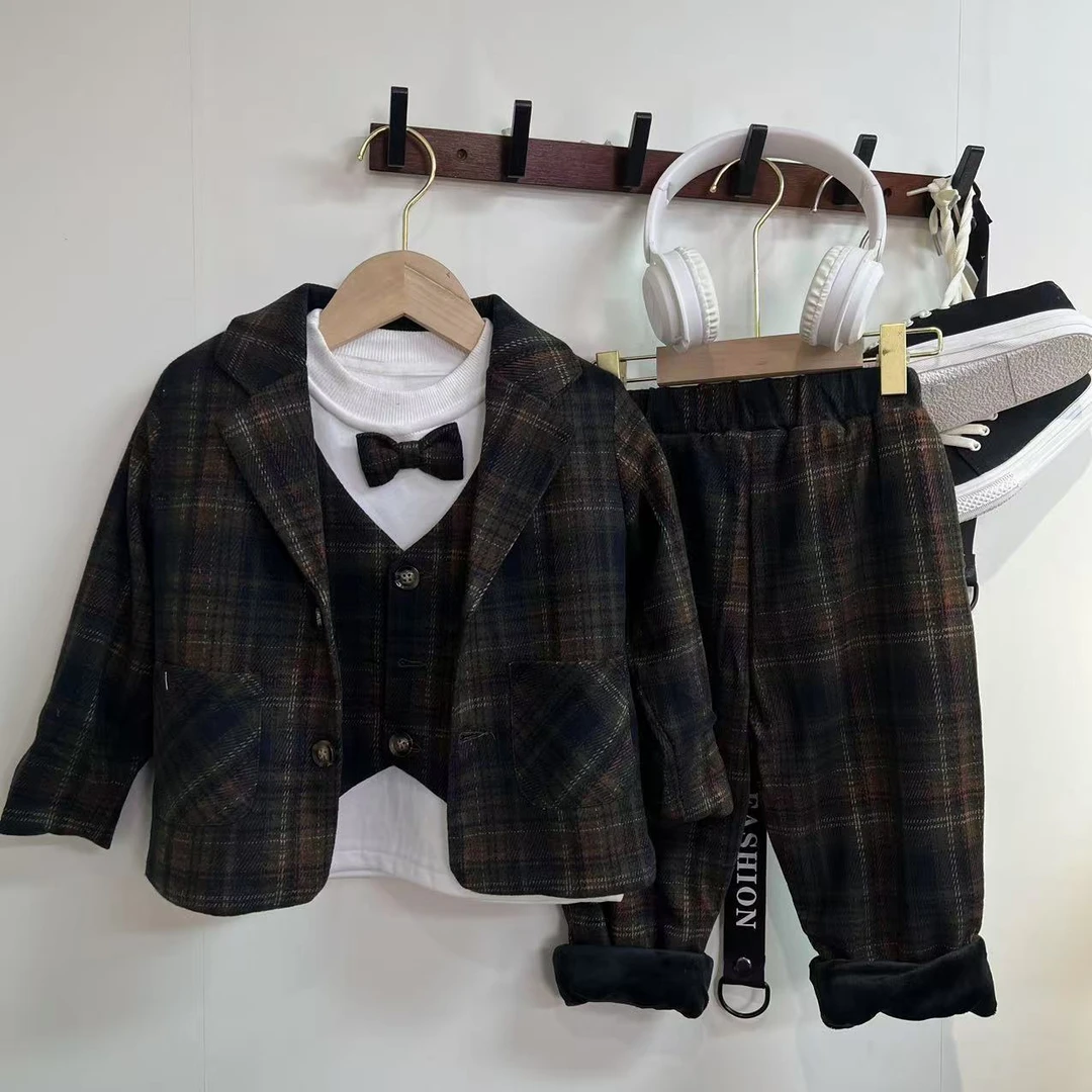 L409单排扣冬季男厚款套装外套格子男宝小西装休闲小西服帅气