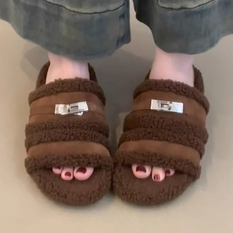 羊皮版~小众时髦新款平底休闲居家棉鞋女金属锁扣加绒保暖毛毛鞋
