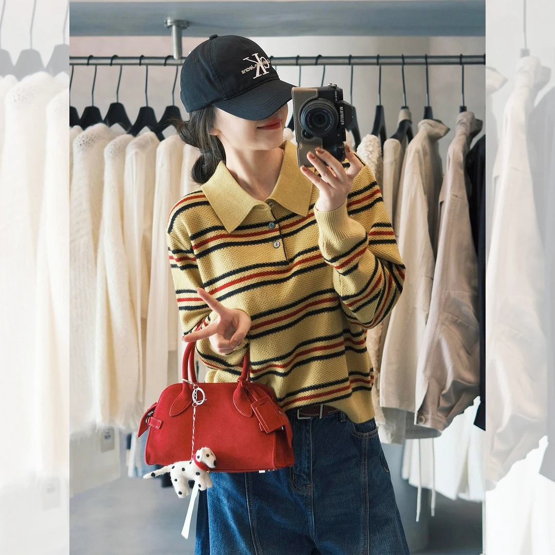 韩系氛围感穿搭黄色条纹针织POLO衫女绝美巨好看秋冬单穿翻领上衣
