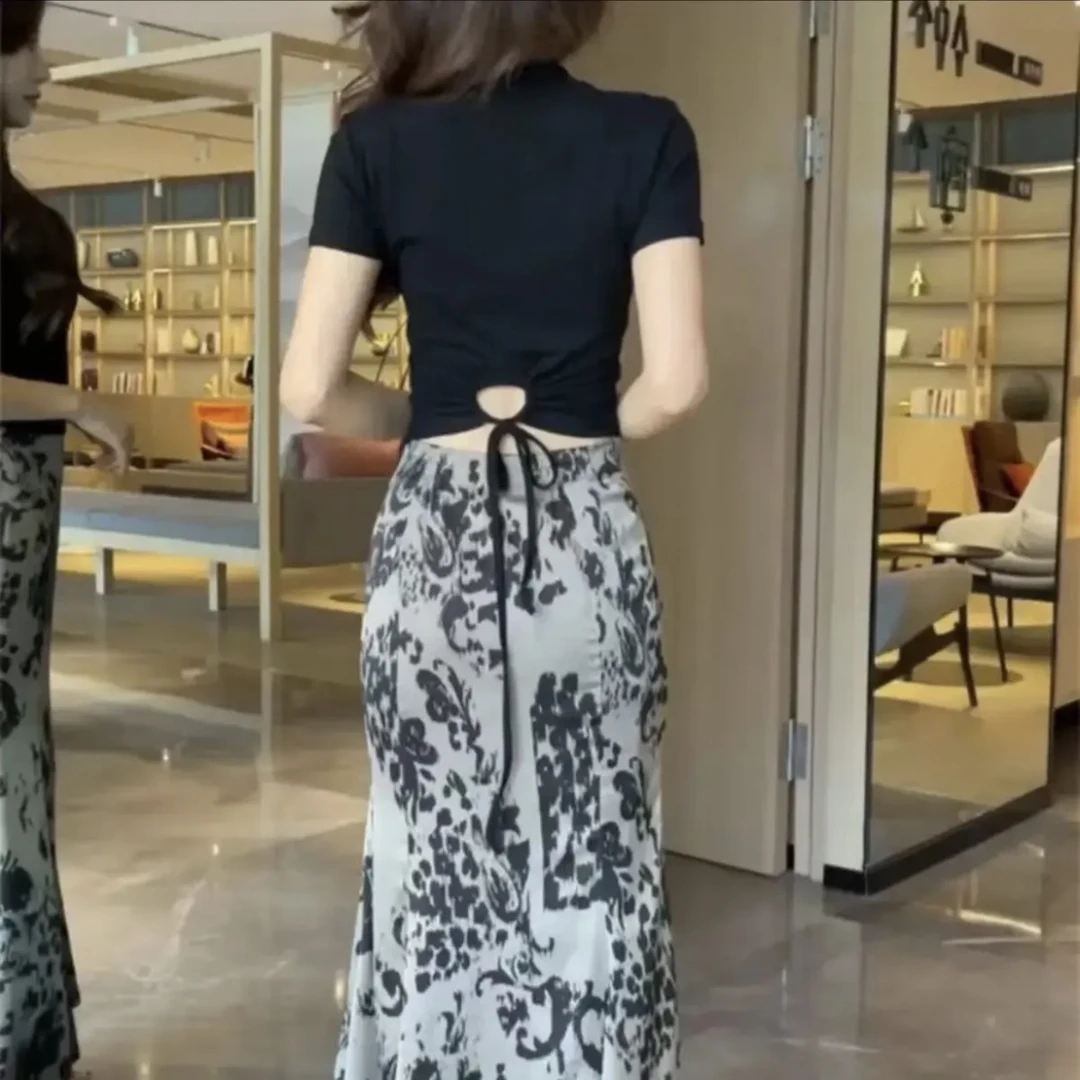 设计感小众后背绑带圆领短袖T恤女夏季修身显瘦气质短款别致上衣