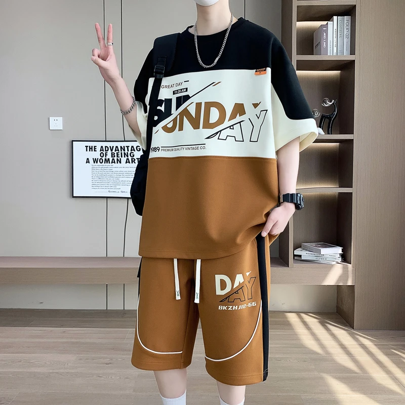 夏季青少年短袖套装时尚宽松拼接百搭圆领潮流帅气男士休闲两件套