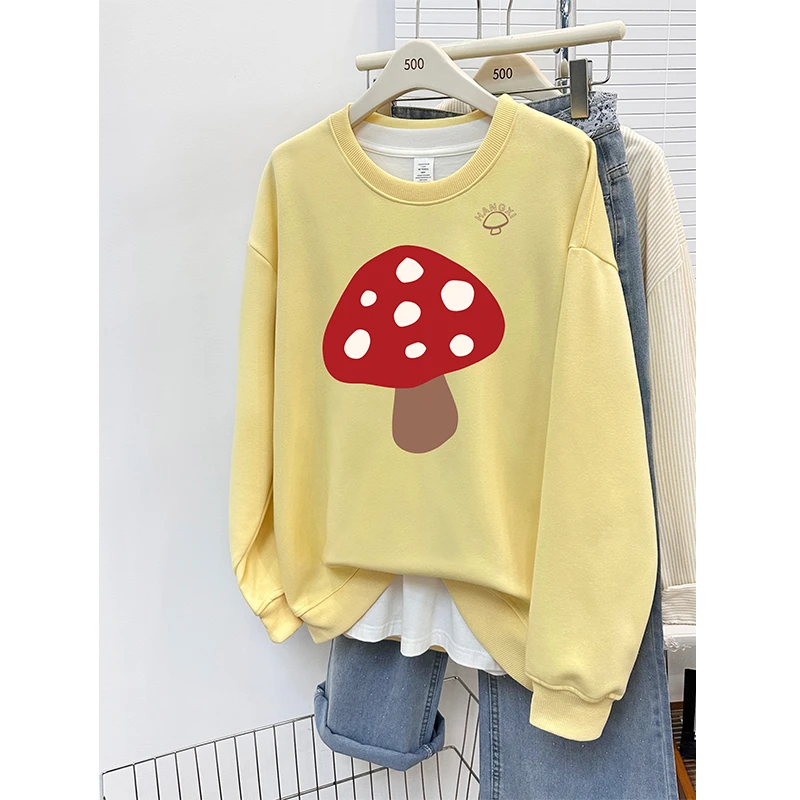 圆领无帽卫衣大码女秋冬新款ins潮流洋气设计感蘑菇印花宽松上衣