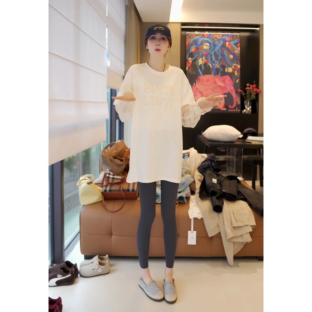 徐靖靖【一路生花】韩版长袖百搭蕾丝拼接假两件洋气T恤女装2502229