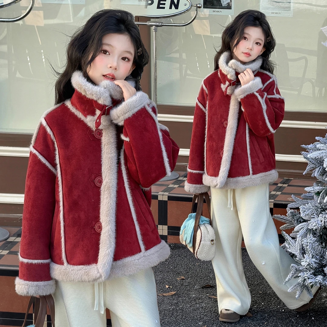 女童冬季加绒加厚一体绒外套2025新款中大童冬装保暖毛毛翻领外套