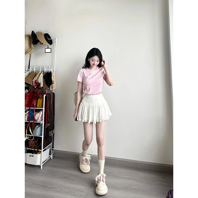 夏季修身显瘦穿搭小众设计感圆领T恤短袖上衣时尚收腰A字半身裙女