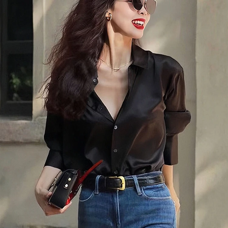 2024早春新款黑色衬衫设计感高级时尚洋气缎面衬衣女小个子高品质
