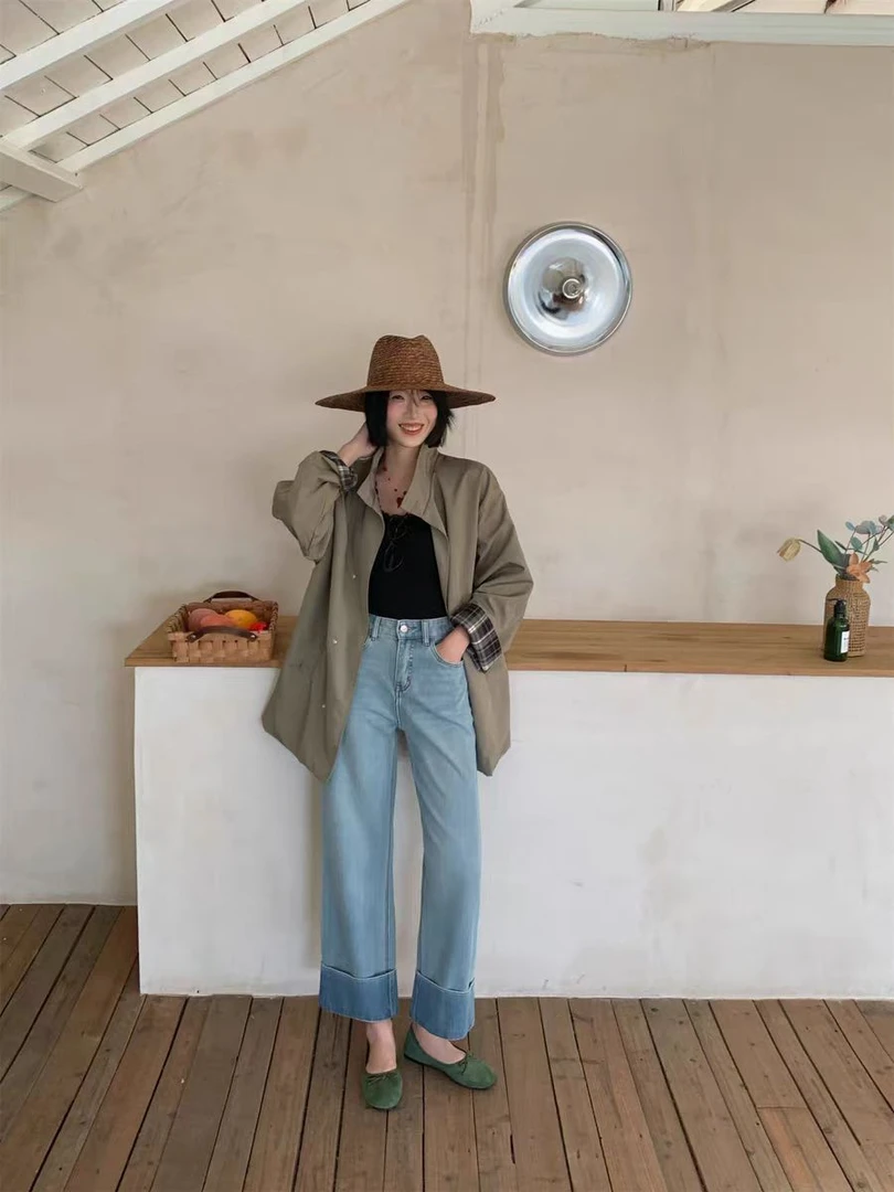 四面弹- 小个子系列春季浅色调九分小直筒牛仔