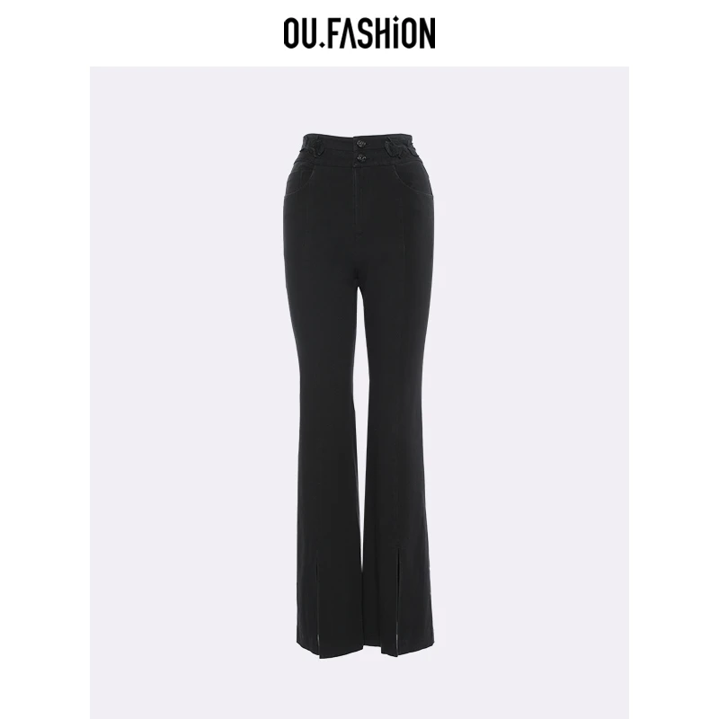 OU.FASHION/欧点微喇叭开叉牛仔裤女高腰休闲长裤1102410317