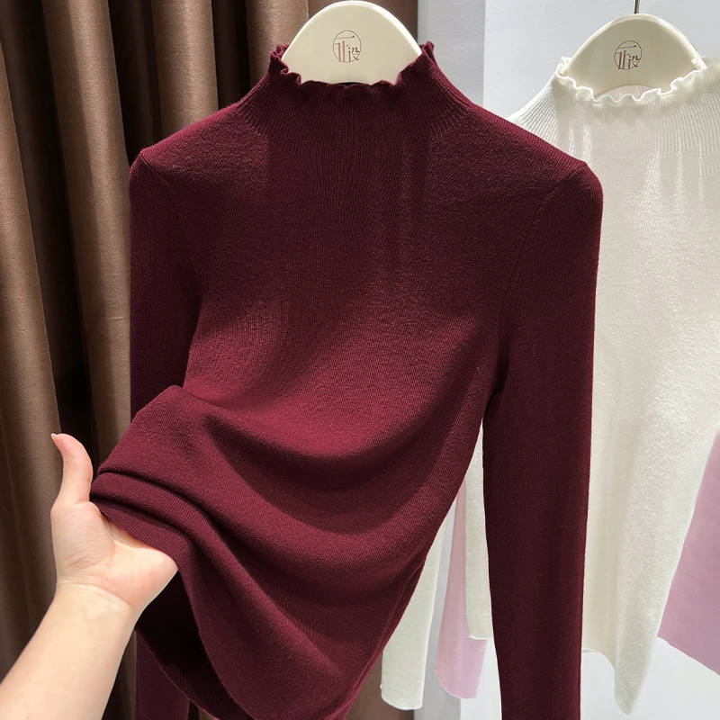 木耳边设计半高领套头打底衫秋季新款通勤上衣女红色长袖针织小衫