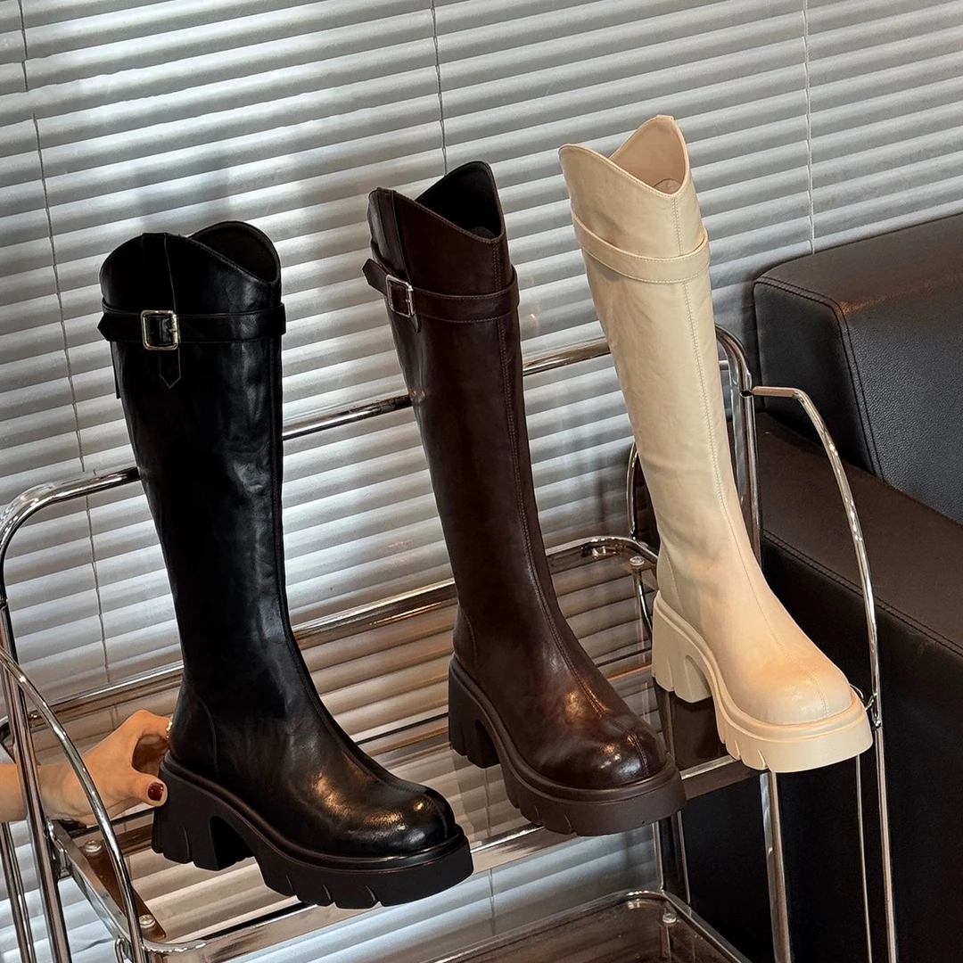 【爆米轩】马丁靴胖mm白色靴子骑士瘦瘦靴长靴秋季时装靴过膝X931