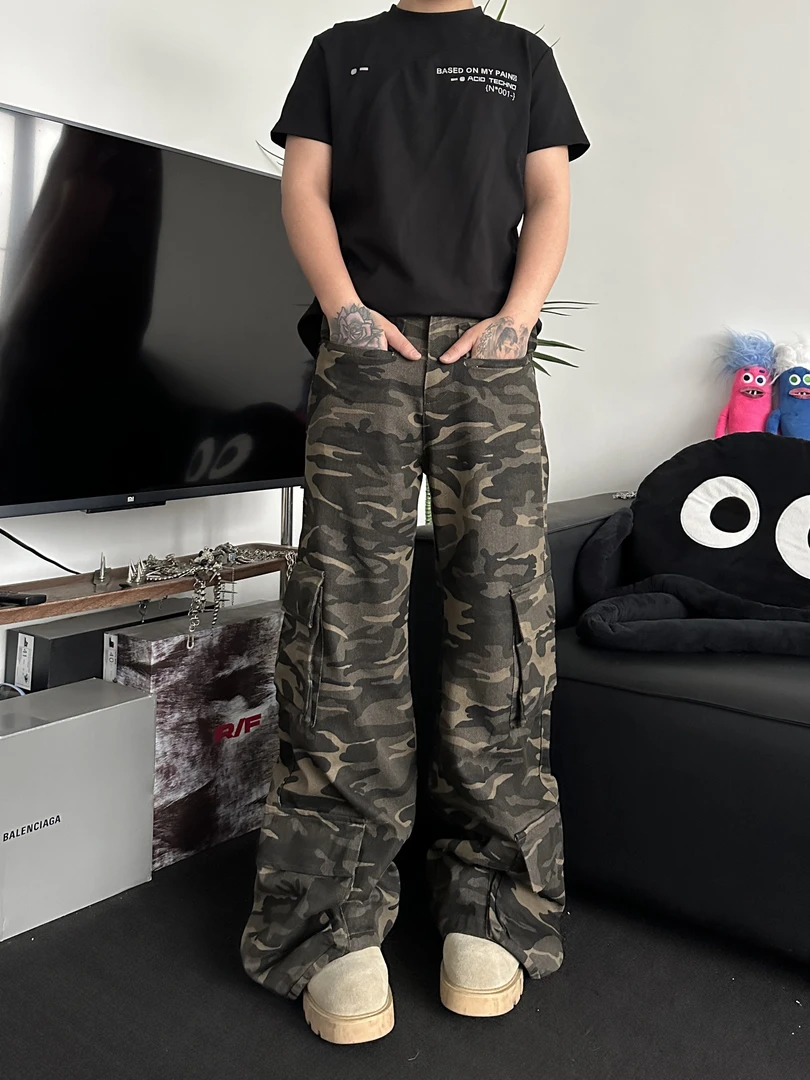 LightinUs美式复古设计感迷彩工装裤多口袋宽松微喇休闲裤长裤潮