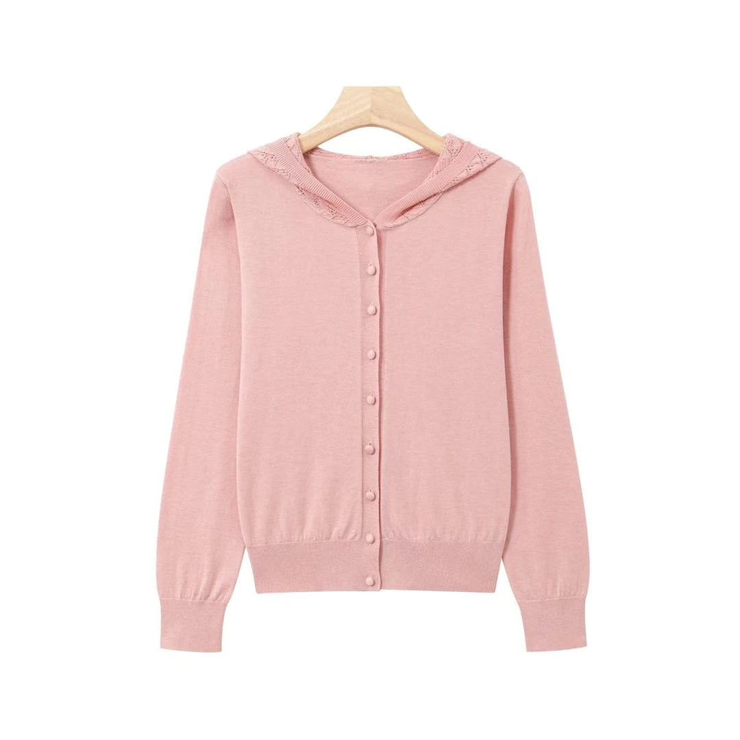 轻薄透气（含桑蚕丝+绵羊毛）亲肤舒适连帽开衫针织衫女气质