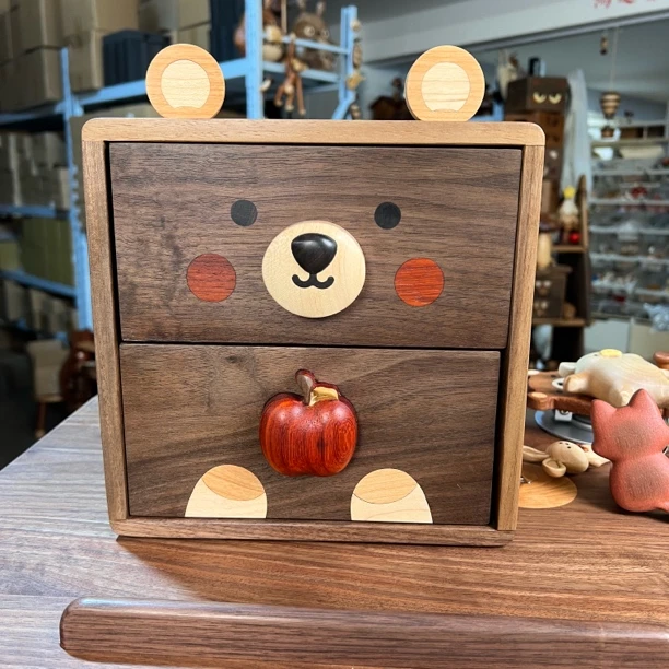 由物喜/小熊双层黑胡桃苹果小熊22×2222×22×22cm复古家用木质木制