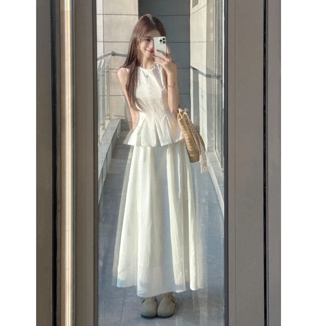 法式高级感无袖背心连衣裙子女夏季穿搭2025新款气质收腰长裙套装